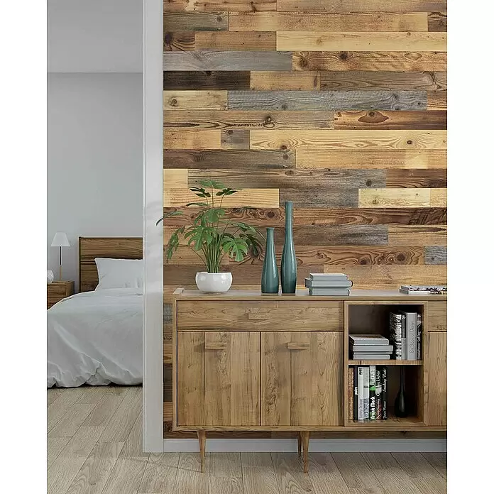 Wodewa Holzriemchen 1000 Original Altholz - 1.000 x 100 mm, 10 Stk., Stärke: 7 mm - 8 mm - Wandverkleidung aus Altholzbrettern in verschiedenen Braun- und Grautönen, die eine rustikale Akzentwand bildet.