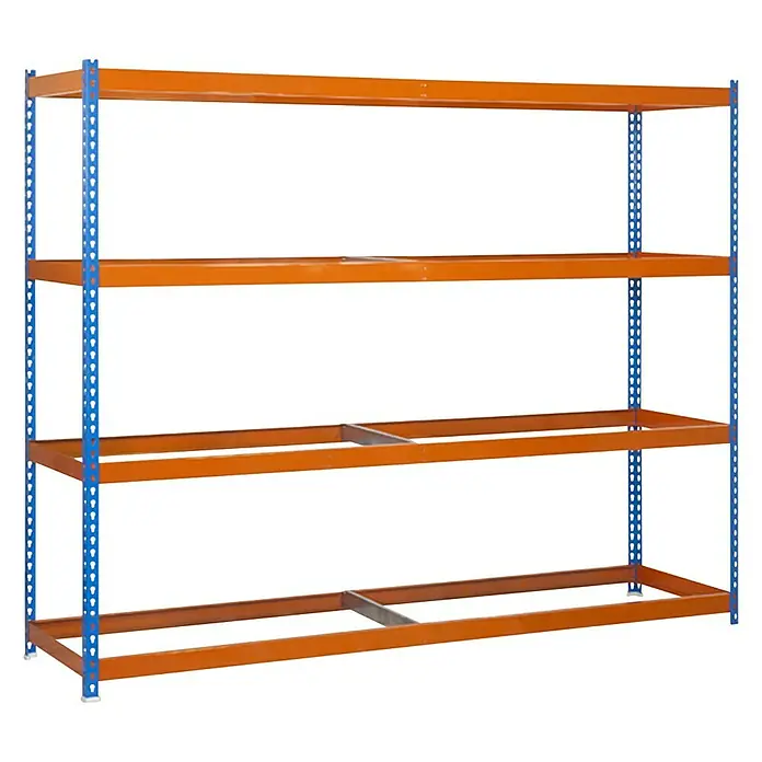 Simonrack Simonforte Estantería para cargas pesadas - Al x An x Pr: 200 x 180 x 90 cm, Número de baldas: 4 ud., Inserción, Azul/Naranja, Capacidad de carga por balda: 600 kg - Estantería de almacén de cuatro niveles en naranja y azul, ideal para organizar y almacenar productos.