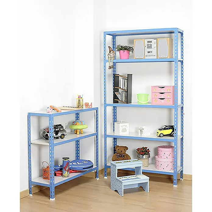 Simonrack Simonclick Metallregal Simonclick Mini - H x B x T: 90 x 80 x 50 cm, Traglast pro Boden: 180 kg, Anzahl Böden: 3 Stk., Stecken, Blau/Weiß - Das Bild zeigt ein blaues Regal mit diversen Gegenständen. Das Regal bietet Stauraum und ist mit Spielsachen dekoriert.