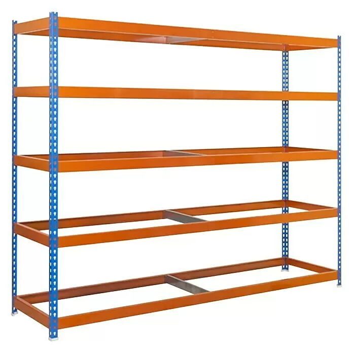 Simonrack Simonforte Estantería para cargas pesadas - Al x An x Pr: 200 x 180 x 90 cm, Número de baldas: 5 ud., Inserción, Azul/Naranja, Capacidad de carga por balda: 600 kg - Estantería industrial de alta resistencia con postes azules y vigas naranjas.