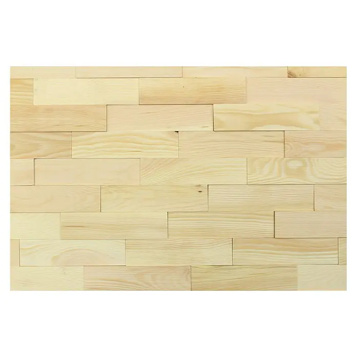 Wodewa Holzriemchen 200 Zirbe Select - 200 x 50 mm, Stärke: 2 mm - 6 mm, 100 Stk., 1 m² - Helles Holzmosaik-Paneel mit rechteckigen Holzstücken unterschiedlicher Länge und Maserung für die Wandgestaltung.