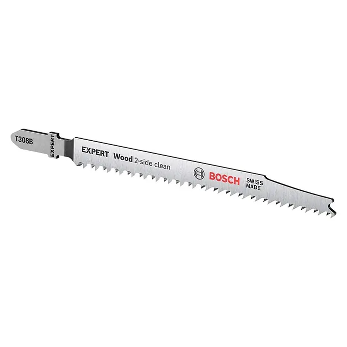 Bosch Stichsägeblätter Wood 2-Side Clean T308 B - T-Schaft - Bild einer Bosch Stichsäge EXPERT Wood 2-side clean T308B, ideal für saubere Holzschnitte, Swiss Made Qualität für präzise Ergebnisse.