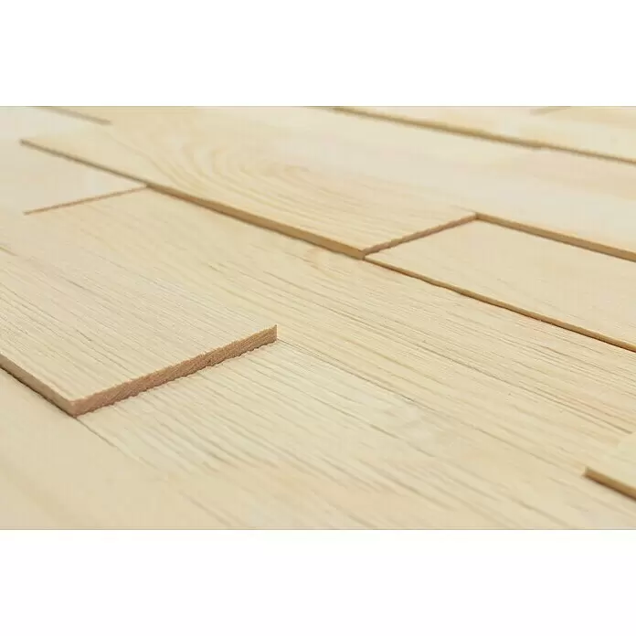 Wodewa Holzriemchen 200 Zirbe Select - 200 x 50 mm, Stärke: 2 mm - 6 mm, 100 Stk., 1 m² - Helle Holzleisten mit sichtbarer Maserung, in einem Muster angeordnet.