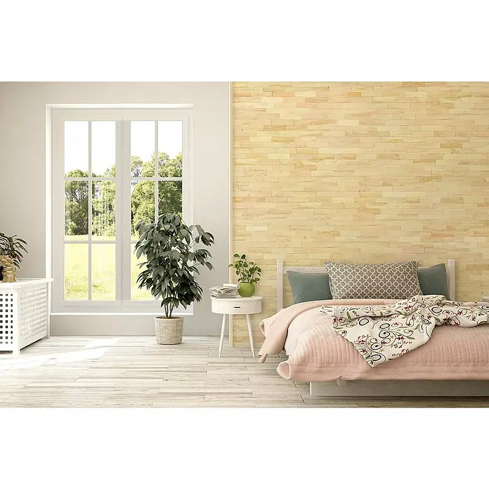 Wodewa Holzriemchen 200 Zirbe Select - 200 x 50 mm, Stärke: 2 mm - 6 mm, 100 Stk., 1 m² - Ein gemütliches Schlafzimmer mit hellem Holzdekor, einer einladenden Bettwäsche in Rosa und Grün und viel natürlichem Licht durch das Fenster.