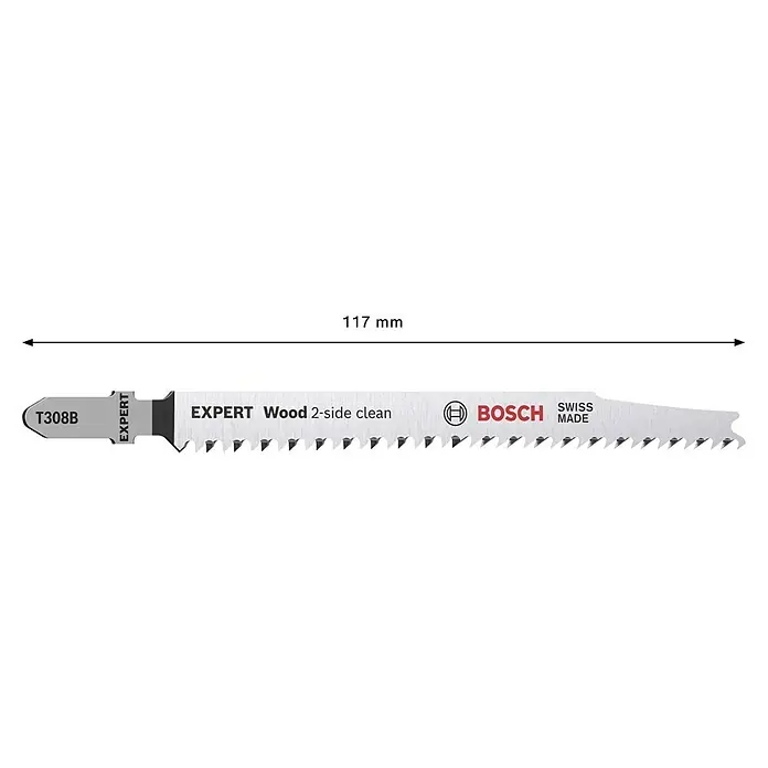 Bosch Stichsägeblätter Wood 2-Side Clean T308 B - T-Schaft - Bild einer Stichsäge T308B EXPERT Wood 2-side clean von Bosch, Swiss Made, mit einer Länge von 117 mm.
