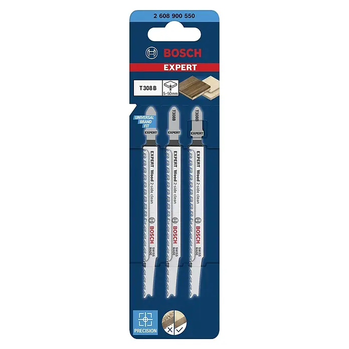 Bosch Stichsägeblätter Wood 2-Side Clean T308 B - T-Schaft - Bild einer Bosch EXPERT T308 B Stichsägeblatt-Packung, geeignet für saubere Holzschnitte.