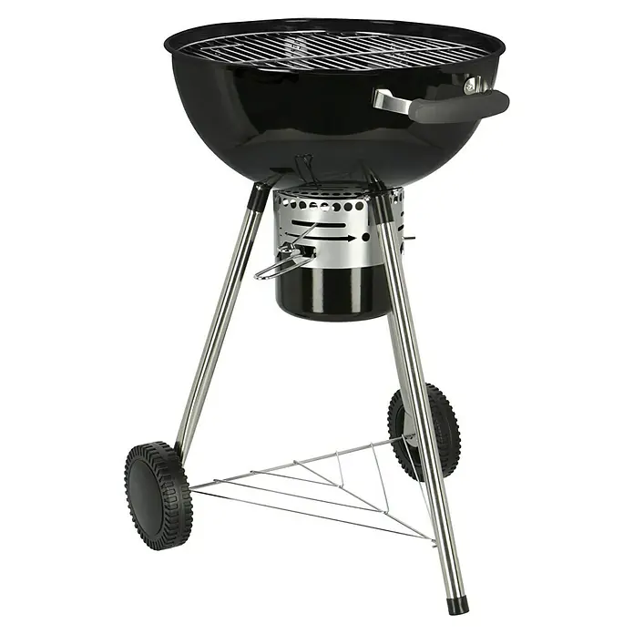 Kingstone Kugelgrill Bullet 47 - Durchmesser Grillfläche: 47 cm, Schwarz - Das Bild zeigt einen schwarzen Kugelgrill mit silbernen Beinen und Rädern. Er verfügt über einen verstellbaren Luftschieber und einen Griff am Deckel.