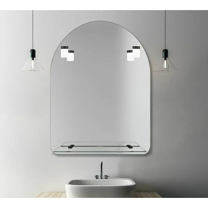 Camargue Espejo con luz Venecia - 60 x 75 cm, Negro, Bandeja - Elegante conjunto de baño con un gran espejo arqueado con estante de cristal, complementado con dos modernas lámparas colgantes.