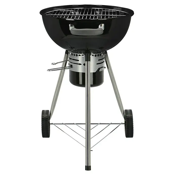 Kingstone Kugelgrill Bullet 47 - Durchmesser Grillfläche: 47 cm, Schwarz - Abbildung eines tragbaren Holzkohlegrills. Der Grill hat ein elegantes, schwarzes Design und ist mit einem praktischen Griff ausgestattet.