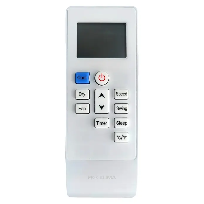 Voltomat Aire acondicionado portátil Local Hielón - 4.600 W, Tamaño de la estancia: 46 m², Blanco/Negro - Imagen de un control remoto blanco de aire acondicionado con varias funciones, incluyendo ajustes de refrigeración, ventilador y temporizador.