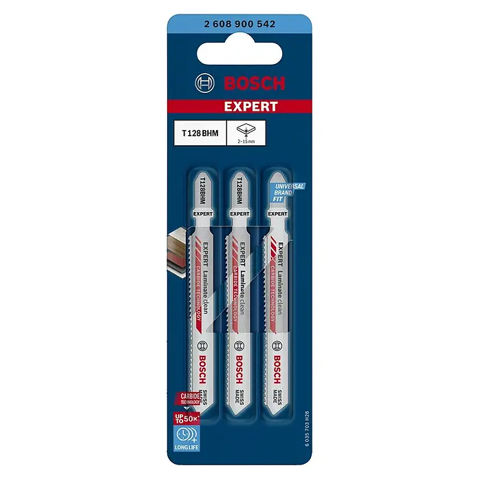 Bosch Stichsägeblätter Laminate Clean T 128 BHM - T-Schaft - Bosch Expert T128BHM Stichsägeblätter für Laminat, 3er-Pack, mit Carbide Technology für saubere Schnitte und lange Lebensdauer.