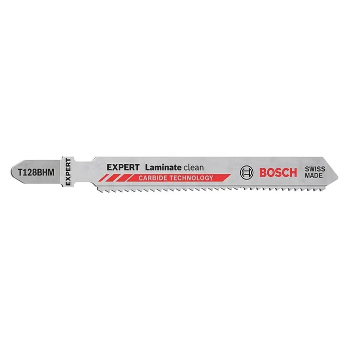 Bosch Stichsägeblätter Laminate Clean T 128 BHM - T-Schaft - Abgebildet ist ein Bosch Expert Laminate clean Stichsägeblatt T128BHM, ideal für saubere Schnitte in Laminat dank Carbide Technology.