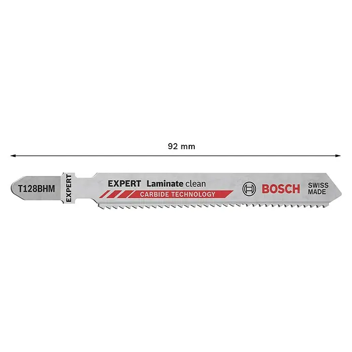 Bosch Stichsägeblätter Laminate Clean T 128 BHM - T-Schaft - Das Bild zeigt ein Bosch EXPERT T128BHM Stichsägeblatt für Laminat, mit einer Länge von 92 mm, ideal für saubere Schnitte in Laminat dank Carbide Technology.