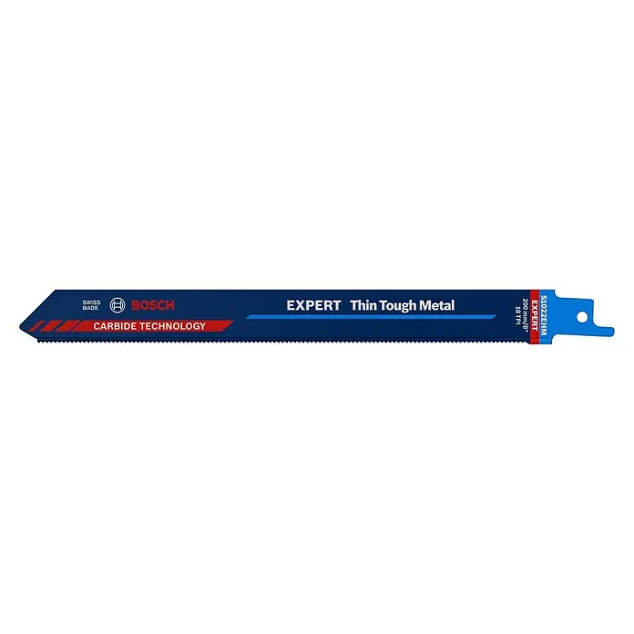 Bosch Expert Säbelsägeblatt Thin Tough Metal S1022EHM - Länge: 200 mm, Inox/Edelstahl - Das Bild zeigt ein blaues Bosch Expert Säbelsägeblatt für dünnes, robustes Metall mit Hartmetalltechnologie für präzise Schnitte.
