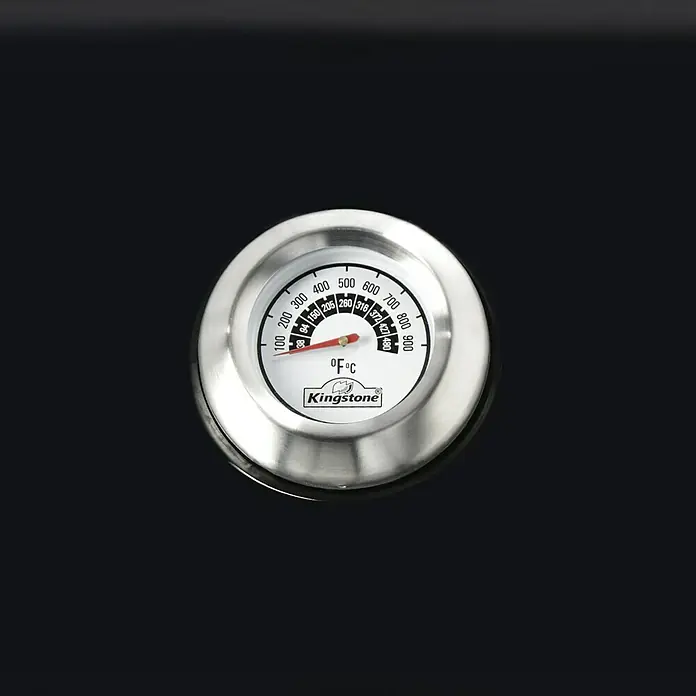 Kingstone Kugelgrill Bullet 57 - Durchmesser Grillfläche: 57 cm, Schwarz - Nahaufnahme eines Kingston-Grillthermometers auf einem schwarzen Grill, das die Temperatur in Fahrenheit und Celsius anzeigt.