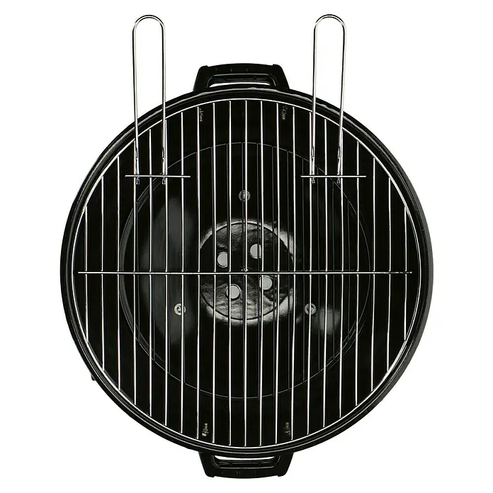 Kingstone Kugelgrill Bullet 57 - Durchmesser Grillfläche: 57 cm, Schwarz - Bild eines runden Holzkohlegrills mit verchromtem Grillrost und Tragegriffen. Der Grill steht auf einem schwarzen Hintergrund.