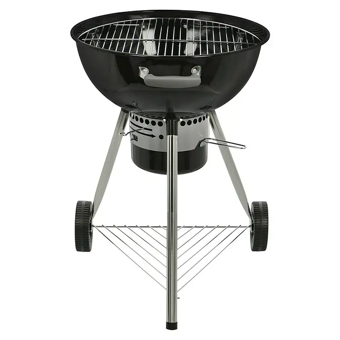 Kingstone Kugelgrill Bullet 57 - Durchmesser Grillfläche: 57 cm, Schwarz - Produktbild eines Kugelgrills mit Rollen. Ideal für gemütliche Grillabende im Garten oder auf der Terrasse, mit praktischem Ablagerost.