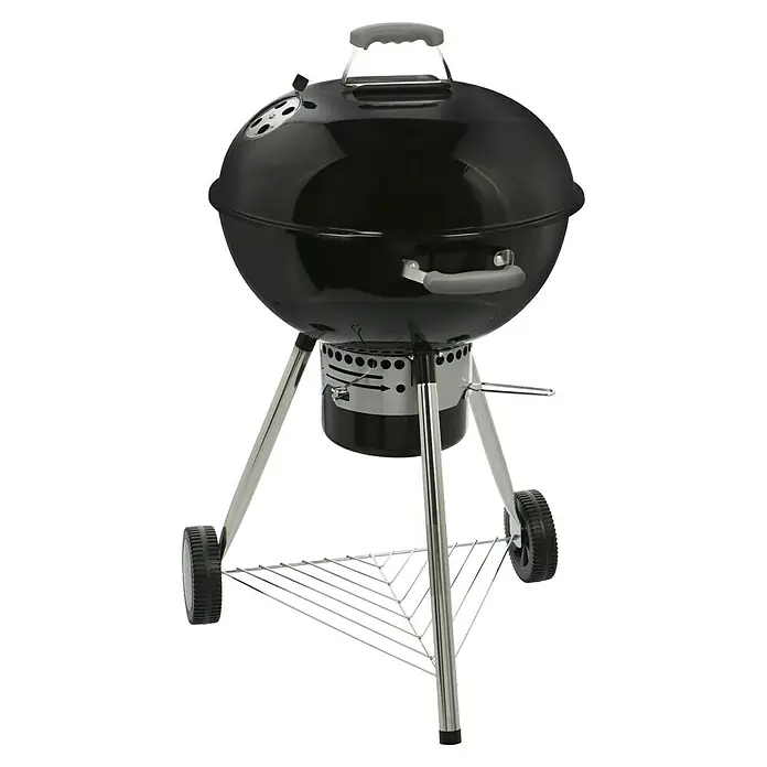 Kingstone Kugelgrill Bullet 57 - Durchmesser Grillfläche: 57 cm, Schwarz - Abbildung eines tragbaren Holzkohlegrills mit rundem Kessel, Deckel, Griff und Rädern. Ideal für Grillpartys im Freien.