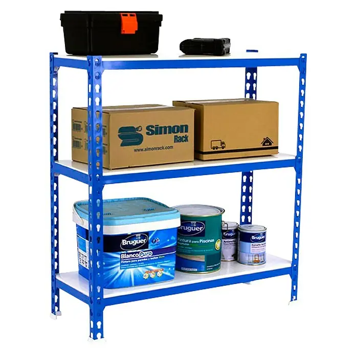 Simonrack Simonclick Metallregal Simonclick Super Plus - H x B x T: 90 x 110 x 30 cm, Traglast pro Boden: 200 kg, Anzahl Böden: 3 Stk., Stecken, Blau/Weiß - Regal mit Werkzeugkasten, Kartons und Farbeimern. Robuste Aufbewahrungslösung für Garage oder Keller mit drei Regalböden.