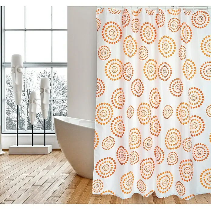 Venus Cortina de baño Dots - An x Al: 180 x 200 cm, Plástico, Blanco - Un baño con una bañera y una cortina de ducha con un moderno estampado de círculos punteados naranjas que añade un toque de color al espacio.