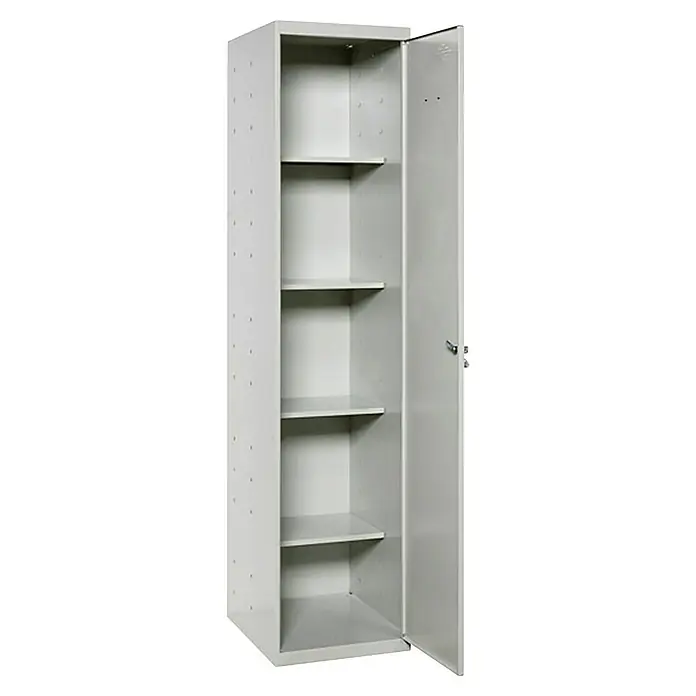 Simonrack Simonlocker Taquilla DIY Cleaning Desmontada - L x An x Al: 40 x 40 x 180 cm, Número de puertas: 1 ud. - Imagen de un armario metálico gris con una puerta abierta y múltiples estantes. El armario alto y estrecho es perfecto para el almacenamiento.