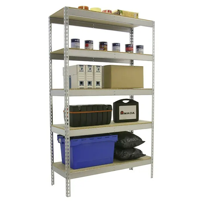 Simonrack Simontaller Schwerlastregal Ecoforte Chipboard - H x B x T: 200 x 120 x 45 cm, Traglast pro Boden: 400 kg, Anzahl Böden: 5 Stk., Stecken, Silber - Ein Regal mit sechs Fächern, beladen mit verschiedenen Gegenständen, darunter Farben, Ordner, eine Werkzeugkiste und eine blaue Box.
