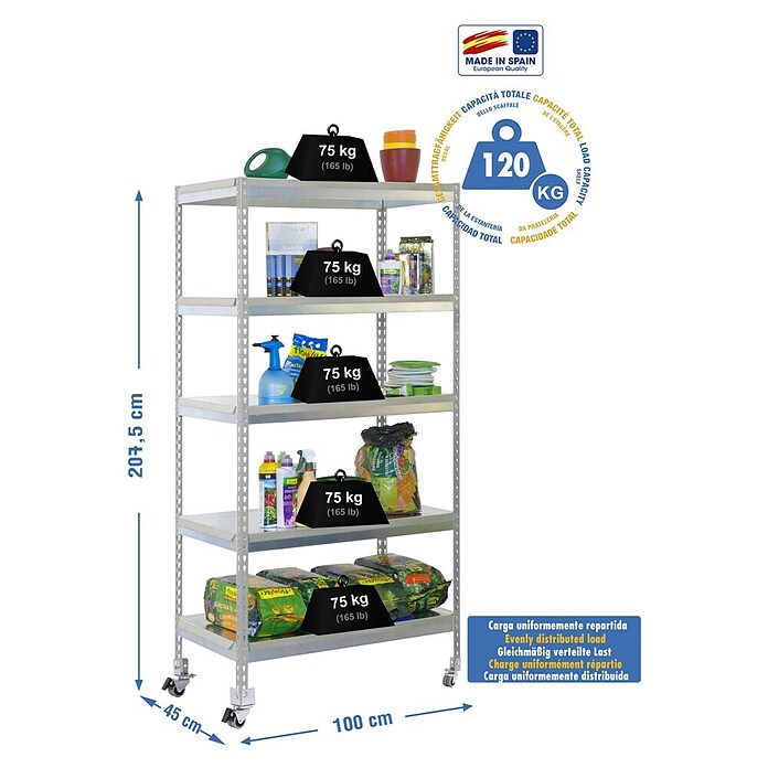 Simonrack Bricoforte Estantería metálica Mobile Metal (Al x An x Pr: 211,5 x 100 x 45 cm, Número de baldas: 5 ud., Inserción, Galvanizado, Capacidad de carga por balda: 75 kg) | BAUHAUS
