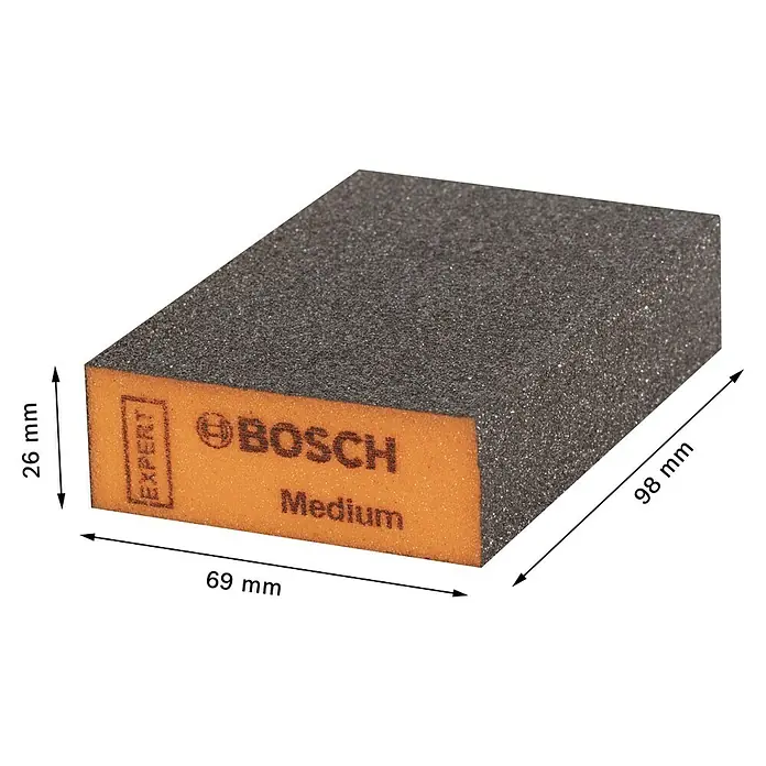 Bosch Professional Expert Schleifschwamm S471 - Mittel, 1 Stk., L x B x H: 97 x 69 x 26 mm - Nahaufnahme eines Bosch Schleifklotzes der Stärke Medium, versehen mit Maßangaben in Millimetern.