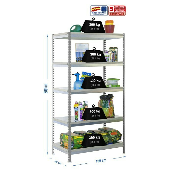 Simonrack Bricoforte Estantería para cargas pesadas Metal (Al x An x Pr: 200 x 100 x 45 cm, Número de baldas: 5 ud., Inserción, Gris/Galvanizado, Capacidad de carga por balda: 300 kg) | BAUHAUS