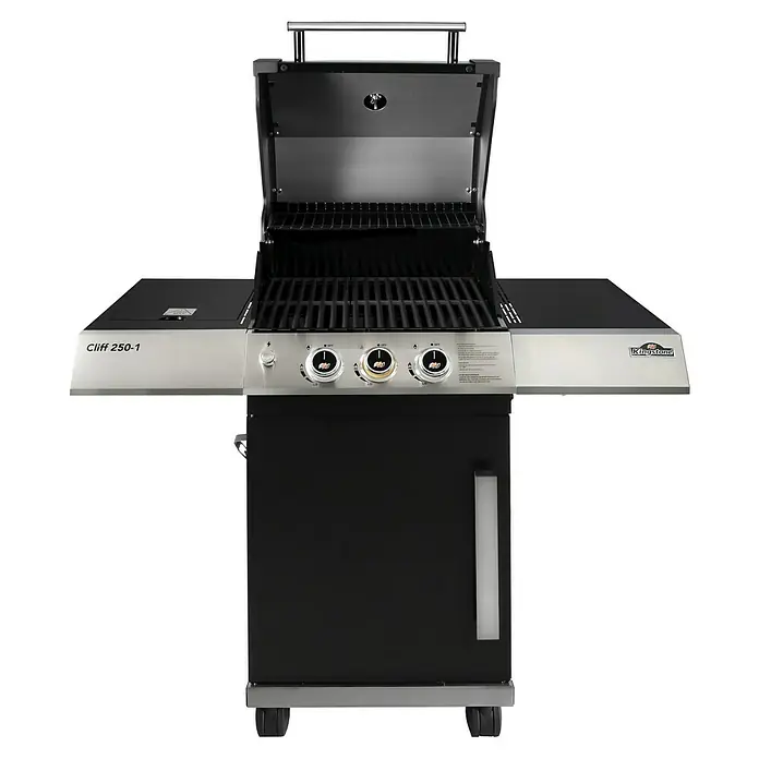Kingstone KMS Barbacoa de gas Cliff 250-1 - Superficie de la parrilla (An x Pr): 49 x 45 cm, 10,5 kW, Número de quemadores: 2 - Imagen de una parrilla Kingston Cliff 250-1 con la tapa abierta, mostrando las rejillas y el panel de control.