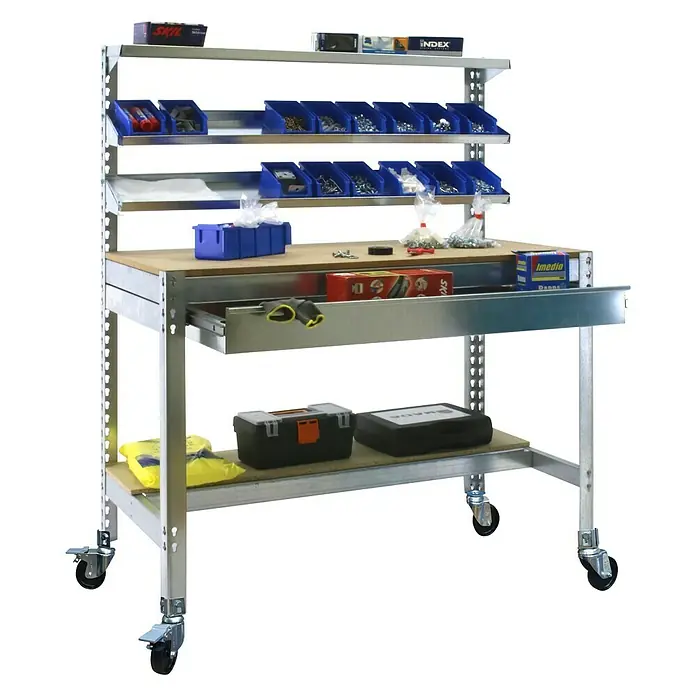 Simonrack Simonwork Werkbank MOBILE BT1 BOX - L x B: 76 x 151 cm, Arbeitshöhe: 152 cm, Belastbarkeit: 120 kg, Silber - Werkbank mit Rollen, Schublade und Regalen. Ideal für Werkstatt oder Garage, bietet viel Stauraum für Werkzeuge und Kleinteile.
