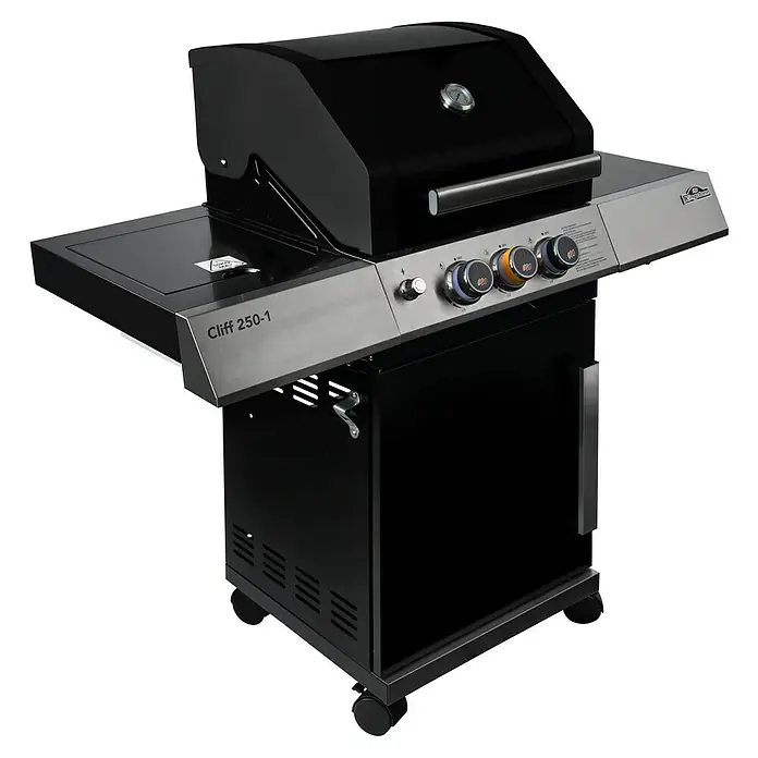 Kingstone KMS Barbacoa de gas Cliff 250-1 - Superficie de la parrilla (An x Pr): 49 x 45 cm, 10,5 kW, Número de quemadores: 2 - Imagen de una parrilla de gas negra Cliff 250-1 con quemador lateral y mandos de control.