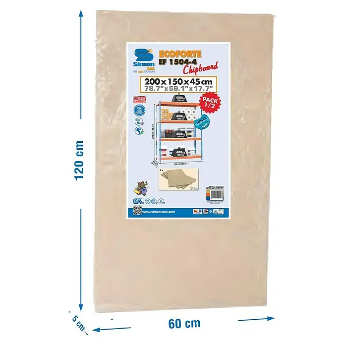 Simonrack Simontaller Schwerlastregal Ecoforte Chipboard - H x B x T: 200 x 120 x 45 cm, Traglast pro Boden: 400 kg, Anzahl Böden: 5 Stk., Stecken, Silber - Produktabbildung einer ECOFORTE EF 1504-4 Spanplatte von Simon Rack, Abmessungen 200x150x45cm, ideal für Lagerregale und Lasten bis zu 1600kg.