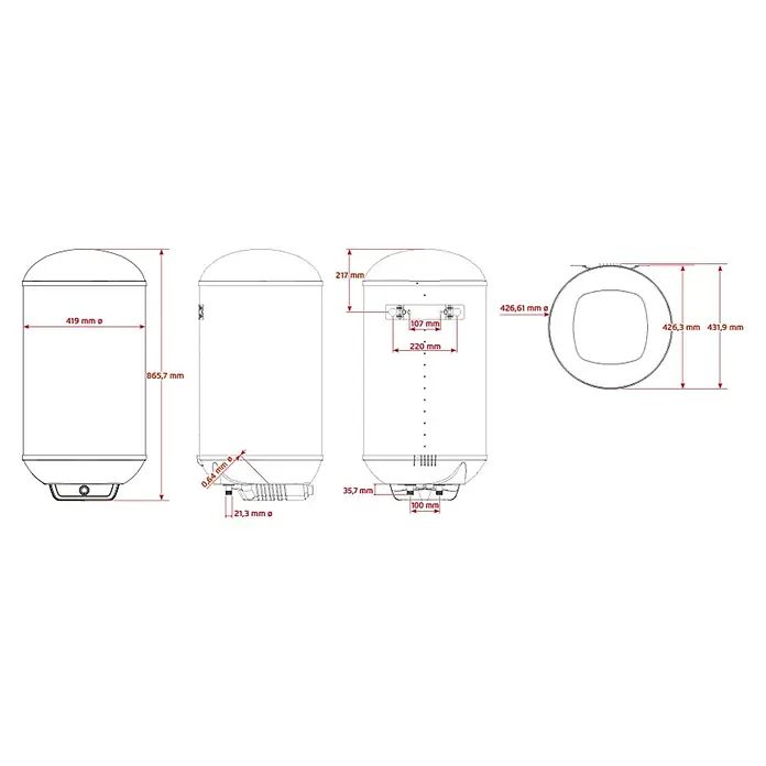 Corberó Termo eléctrico CTEV - 80 l, 2.000 W, Montaje en la pared - Diagrama de un producto de almacenamiento con dimensiones en milímetros. El almacenamiento es cilíndrico con extremos redondeados y varias conexiones.