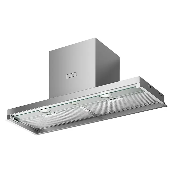 Turboair Campana integrable Facile - Ancho: 89,4 cm, Máx. Potencia del ventilador en modo extracción: 620 m³/h, Acero inoxidable - Primer plano de una campana extractora de acero inoxidable, con líneas elegantes y un diseño estético moderno para una ventilación eficiente.