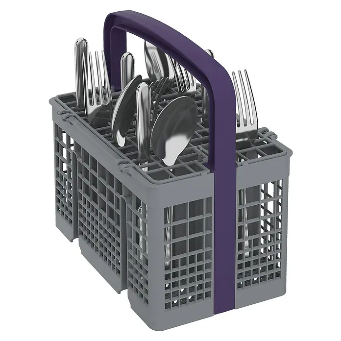 Beko Lavavajillas integrable DIN36430 - Ancho: 59,8 cm, Número de cubiertos: 14 ud., Completamente integrado, Consumo de agua por uso: 11,5 l - Una cesta de cubiertos gris con un asa morada llena de varios tipos de cubiertos de plata. Práctico para el lavavajillas.