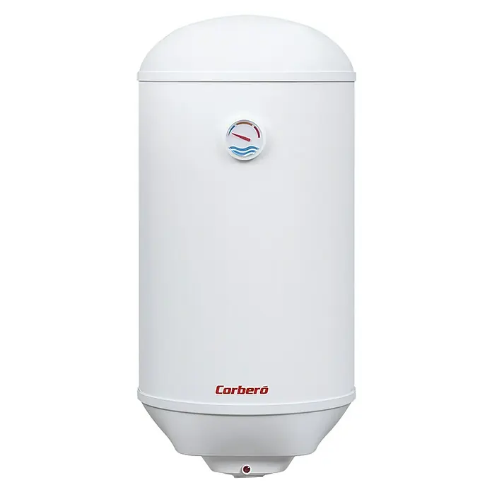 Corberó Termo eléctrico CTEV - 80 l, 2.000 W, Montaje en la pared - Imagen de un calentador de agua blanco Corberó con indicador de temperatura. Una caldera compacta y eficiente para el uso diario.