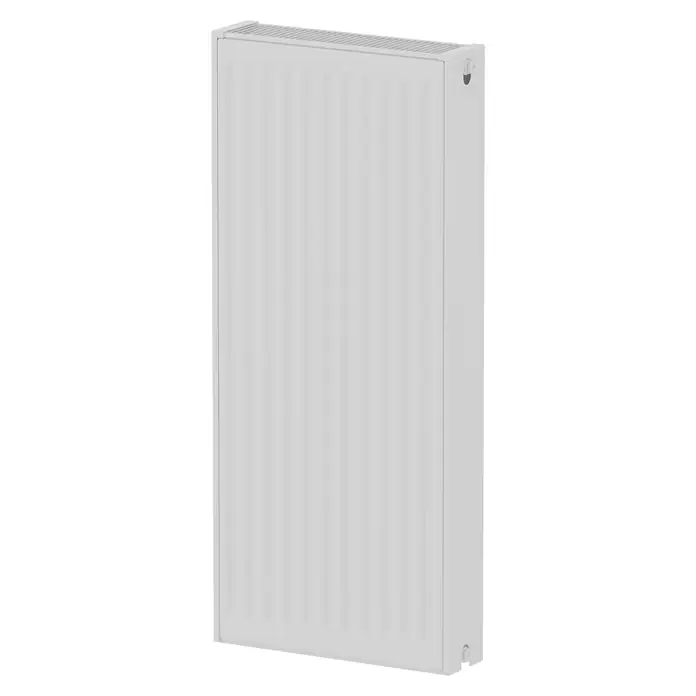 Kompaktheizkörper - B x H: 400 x 900 mm, Wärmeleistung bei Vorlauftemperatur von 75 °C (D: 50): 988 W, Typ Heizkörper: 22 - Ein weißer Heizkörper mit vertikalen Rippen und einer glatten Oberfläche, ideal für moderne Wohnräume und effiziente Wärmeverteilung.