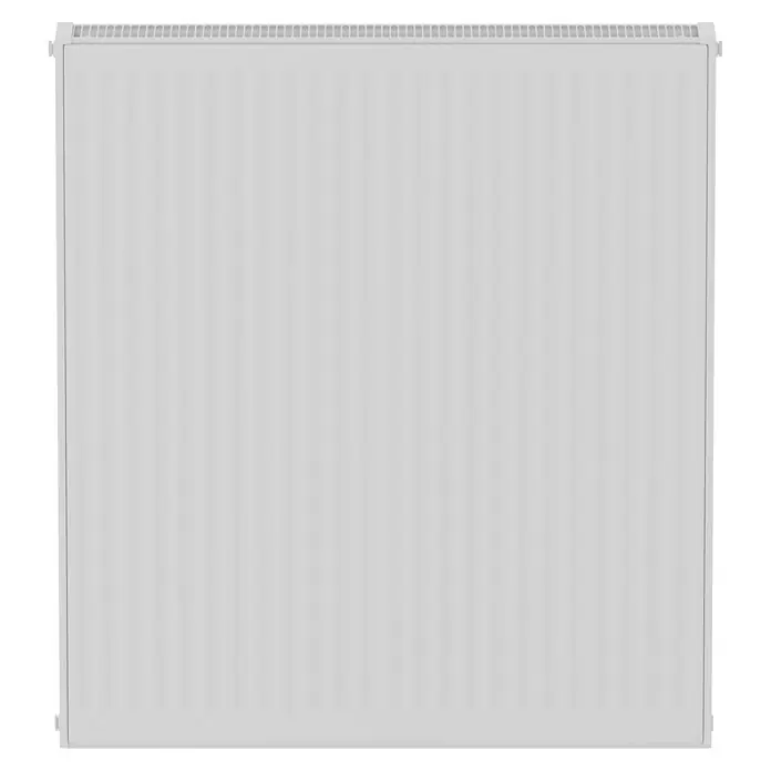 Kompaktheizkörper - B x H: 800 x 900 mm, Wärmeleistung bei Vorlauftemperatur von 75 °C (D: 50): 1.840 W, Typ Heizkörper: 22 - Nahaufnahme eines weissen Heizkörpers mit vertikalen Rippen, der für effiziente Wärmeverteilung im Raum sorgt.