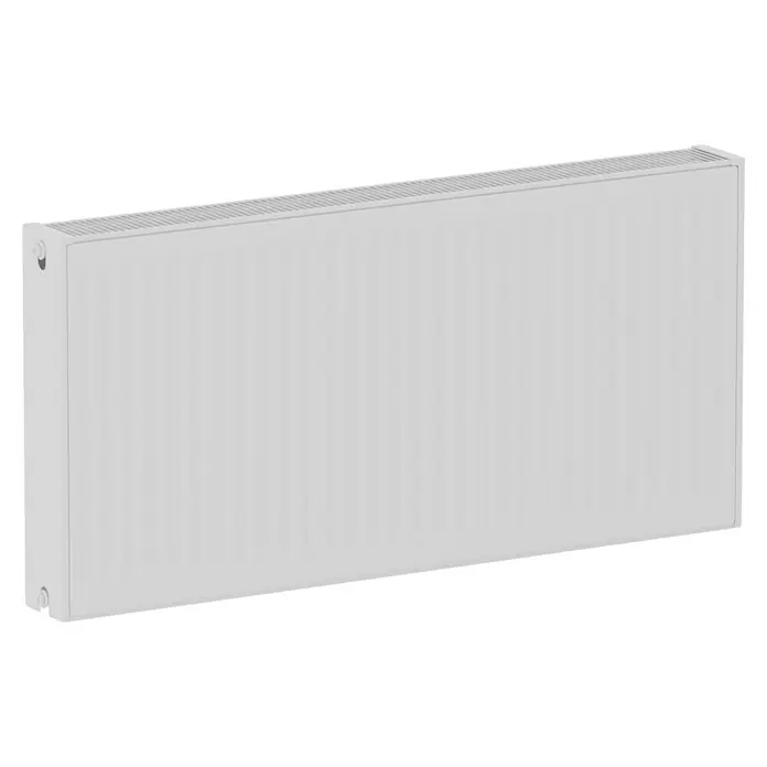 Kompaktheizkörper - B x H: 1.000 x 500 mm, Wärmeleistung bei Vorlauftemperatur von 75 °C (D: 50): 1.562 W, Typ Heizkörper: 22 - Nahaufnahme eines weißen Heizkörpers. Das Gerät dient zur effizienten Beheizung von Räumen und bietet ein schlichtes, modernes Design.