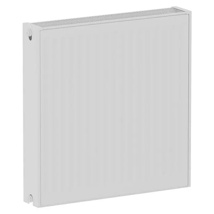 De'Longhi Kompaktheizkörper - B x H: 600 x 600 mm, Wärmeleistung bei Vorlauftemperatur von 75 °C (D: 50): 1.032 W, Typ Heizkörper: 22 - Nahaufnahme eines weißen Heizkörpers mit vertikalen Rillen und Öffnungen zur Wärmeabgabe. Geeignet für Wohnräume und Büros.