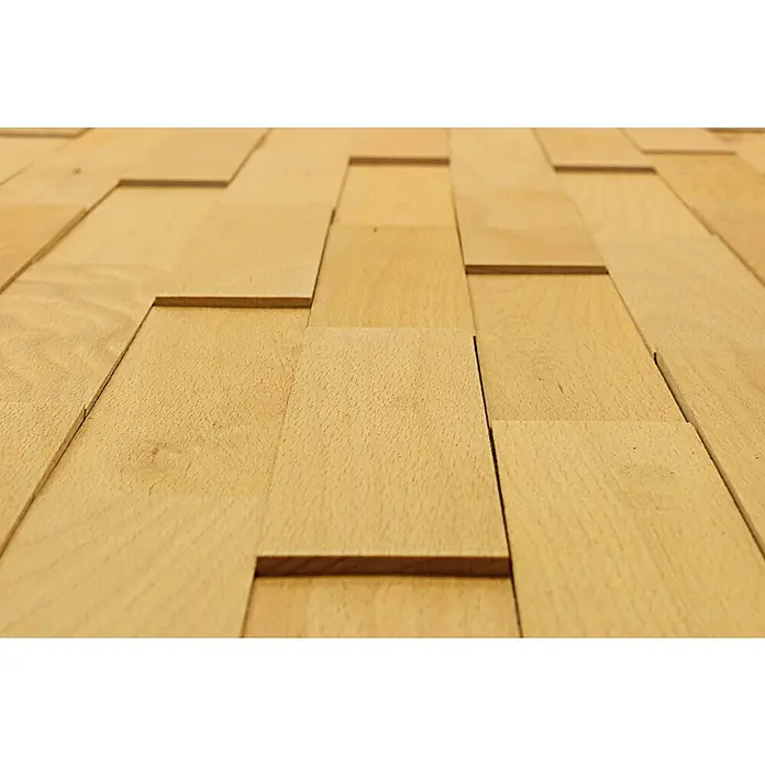 Wodewa Holzriemchen 200 Buche - 200 x 50 mm, Stärke: 2 mm - 6 mm, 100 Stk., 1 m², UV-geölt - Nahaufnahme von hellbraunen, rechteckigen Holzpaneelen, die versetzt angeordnet sind und ein modernes, strukturiertes Muster bilden.