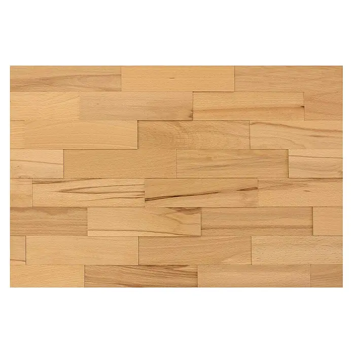 Wodewa Holzriemchen 200 Buche Living - 200 x 50 mm, Stärke: 2 mm - 6 mm, 100 Stk., 1 m² - Das Foto zeigt einen Nahaufnahme eines hellen Parkettbodens aus Holz. Die warmen Farbtöne und die natürliche Maserung des Holzparketts sind gut erkennbar.