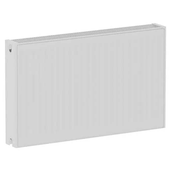 Kompaktheizkörper - B x H: 800 x 500 mm, Wärmeleistung bei Vorlauftemperatur von 75 °C (D: 50): 1.249 W, Typ Heizkörper: 22 - Nahaufnahme eines weißen Heizkörpers. Der Heizkörper ist modern und hat ein schlichtes Design. Er ist rechteckig und hat eine gerippte Oberfläche.