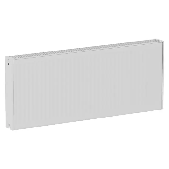 Kompaktheizkörper - B x H: 1.200 x 500 mm, Wärmeleistung bei Vorlauftemperatur von 75 °C (D: 50): 1.874 W, Typ Heizkörper: 22 - Weiße Heizkörperabbildung mit vertikalen Rillen auf der Vorderseite und Lüftungsschlitzen oben.