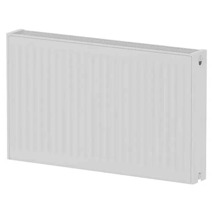 Kompaktheizkörper - B x H: 800 x 500 mm, Wärmeleistung bei Vorlauftemperatur von 75 °C (D: 50): 1.249 W, Typ Heizkörper: 22 - Abbildung eines weißen Heizkörpers mit vertikalen Lamellen und einer glatten Oberfläche. Heizkörper zur Raumheizung mit effizienter Wärmeabgabe.
