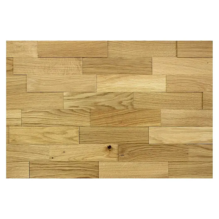 Wodewa Holzriemchen 200 Eiche Living - 200 x 50 mm, Stärke: 2 mm - 6 mm, 100 Stk., 1 m² - Attraktive Wandverkleidung aus hellem Holz. Die Holzpaneele sind rechteckig und horizontal angeordnet, was eine natürliche Optik schafft.