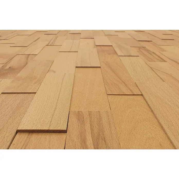 Wodewa Holzriemchen 200 Buche Living - 200 x 50 mm, Stärke: 2 mm - 6 mm, 100 Stk., 1 m² - Nahaufnahme eines Holzbodenbelags mit rechteckigen, hellbraunen Holzstücken in einem versetzten Muster.