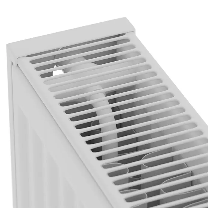 Kompaktheizkörper - B x H: 400 x 900 mm, Wärmeleistung bei Vorlauftemperatur von 75 °C (D: 50): 988 W, Typ Heizkörper: 22 - Detailansicht eines weißen Heizkörpers mit Lamellen und Rohrleitungen. Modernes Design für effiziente Wärme im Raum.