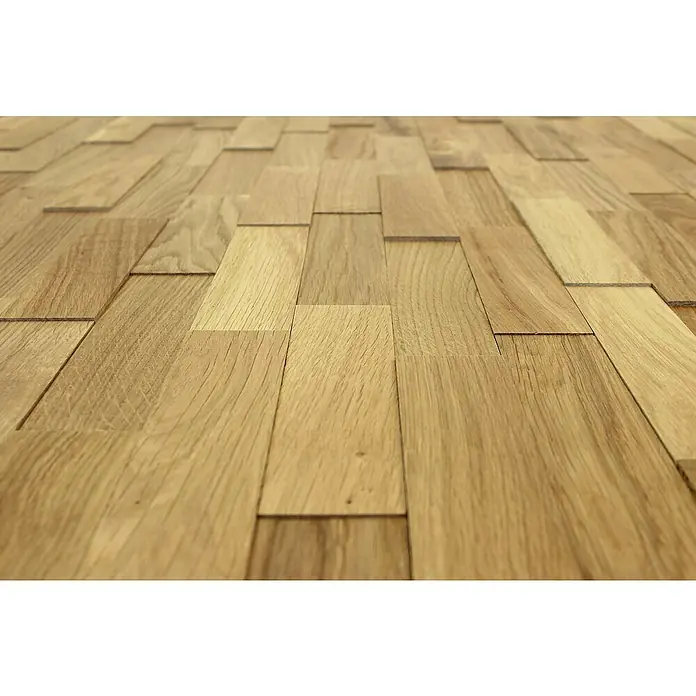 Wodewa Holzriemchen 200 Eiche Living - 200 x 50 mm, Stärke: 2 mm - 6 mm, 100 Stk., 1 m² - Nahaufnahme eines eleganten Holzparketts mit warmen Farbtönen und einer einzigartigen Textur für ein stilvolles Zuhause.